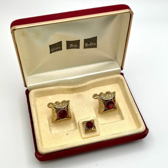 SWANK Men's Red Cut Glass Cuff Links & Tie Tack Set - Picture 2 of 6
